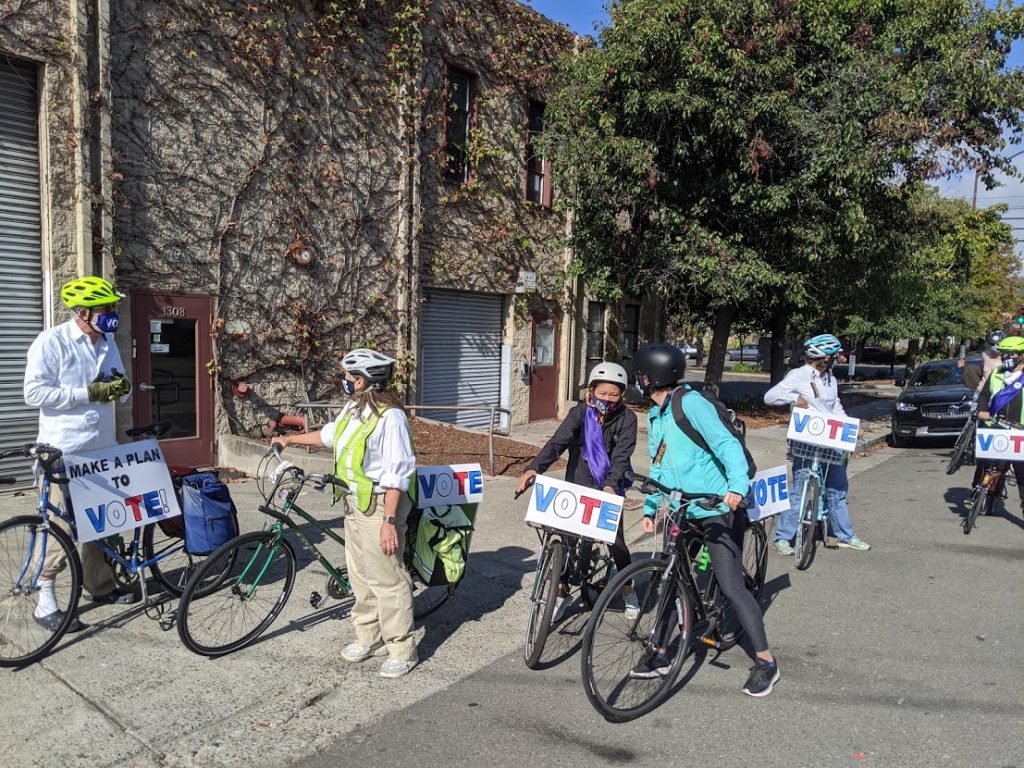 League bikers pause on the route to Emeryville